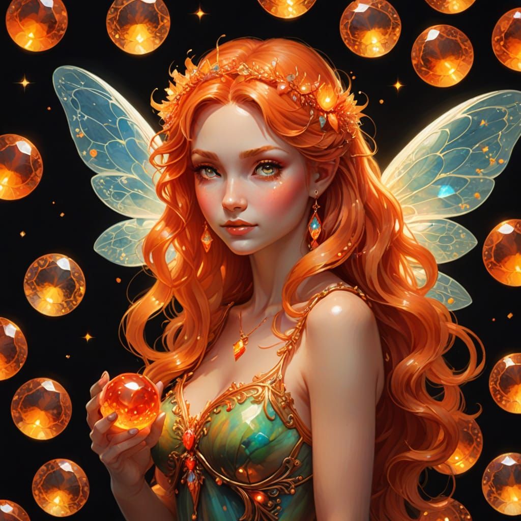 Fire Opal Gemstone Fairy in Mystical Forest