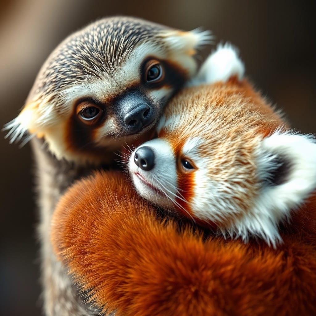 Sloth and Red Panda Cuddle Close-Up in Cozy Intimacy