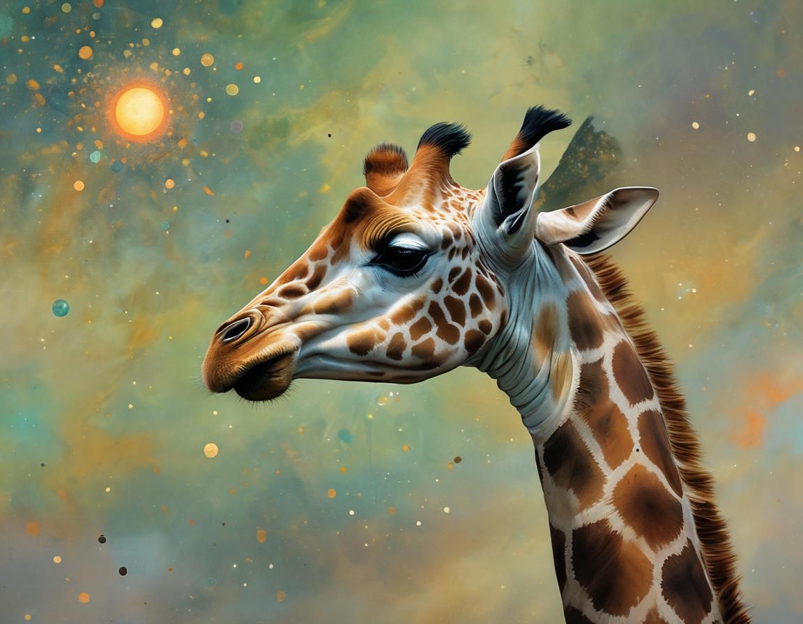 Joyful Giraffe in Golden Savannah: Neo-Impressionistic Oil P...