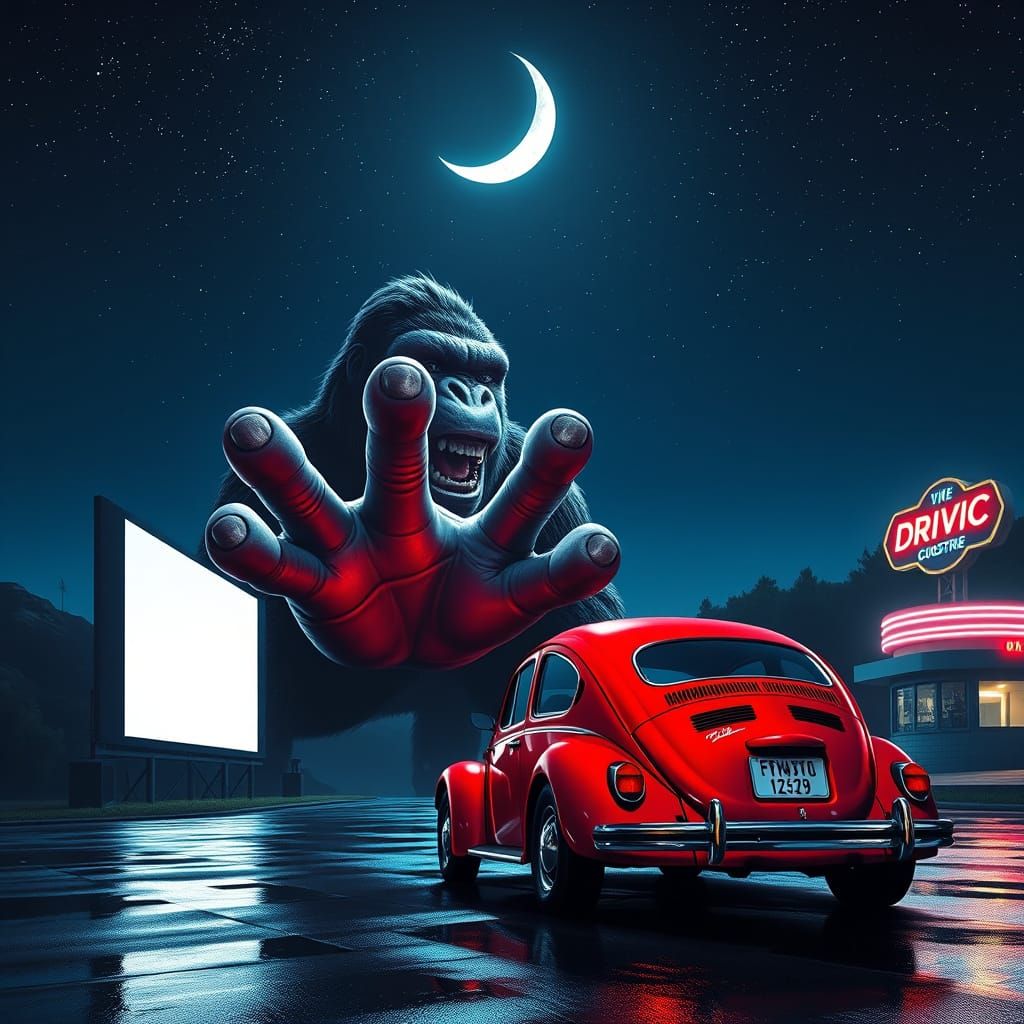 King Kong Reaches for Retro-Futuristic VW in Neon-Lit Drive-...