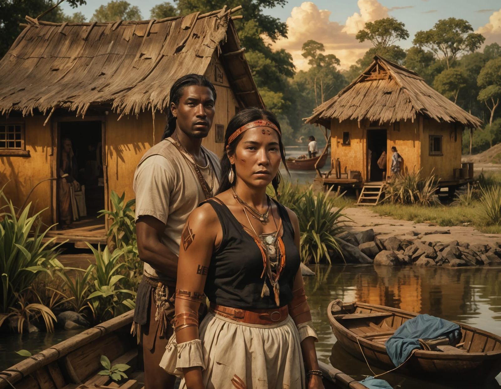 Indigenous Woman and Shirtless Man in a Vibrant River Scene