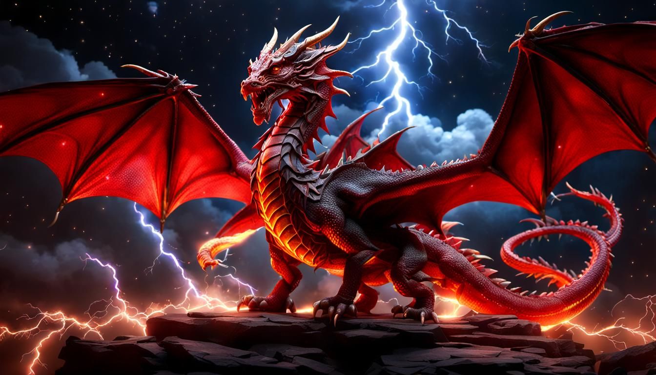 Majestic Red Dragon in Lightning Storm
