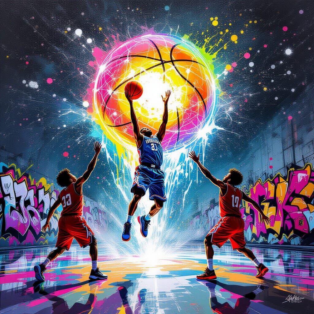 Futuristic Floating Basketball in Graffiti Art Style