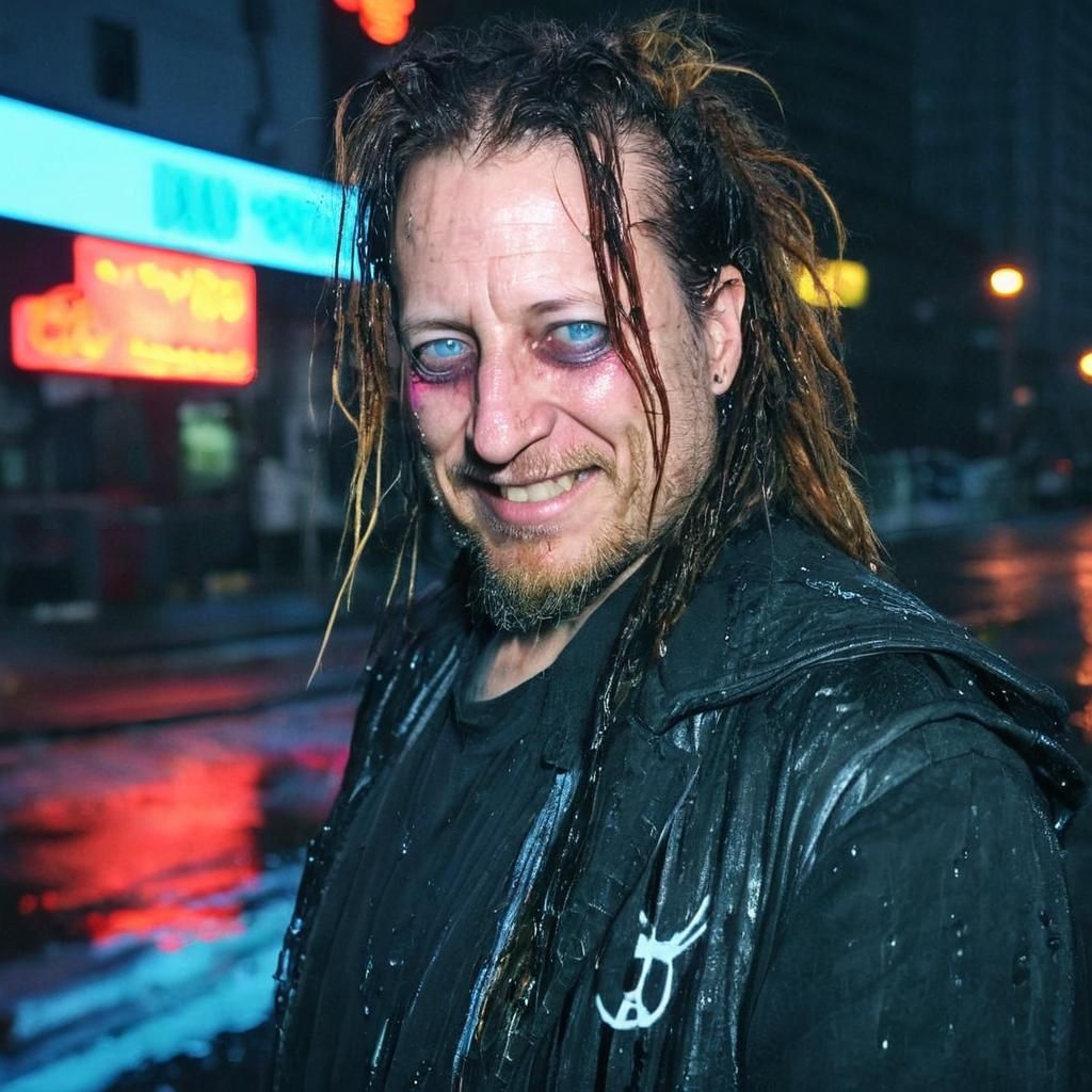 Cyberpunk Woman in Rainy Cityscape Film Still