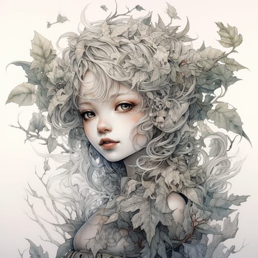 Ethereal Fantasy Fairy Drawing with Detailed Foliage