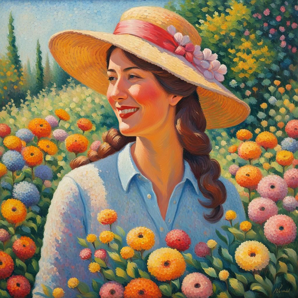 Smiling Lady in Garden: Pointillist Impasto Painting