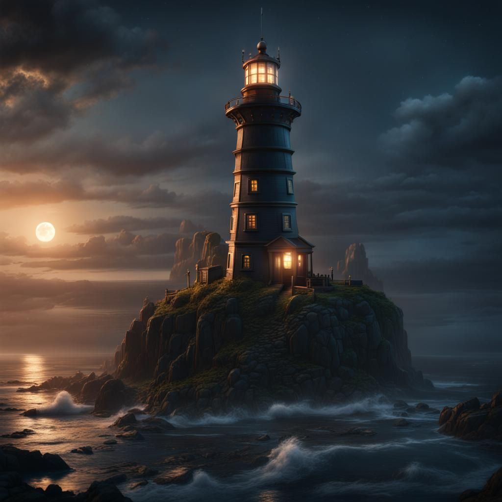 Lighthouse Shines in Dark Night: Fantasy Concept Art