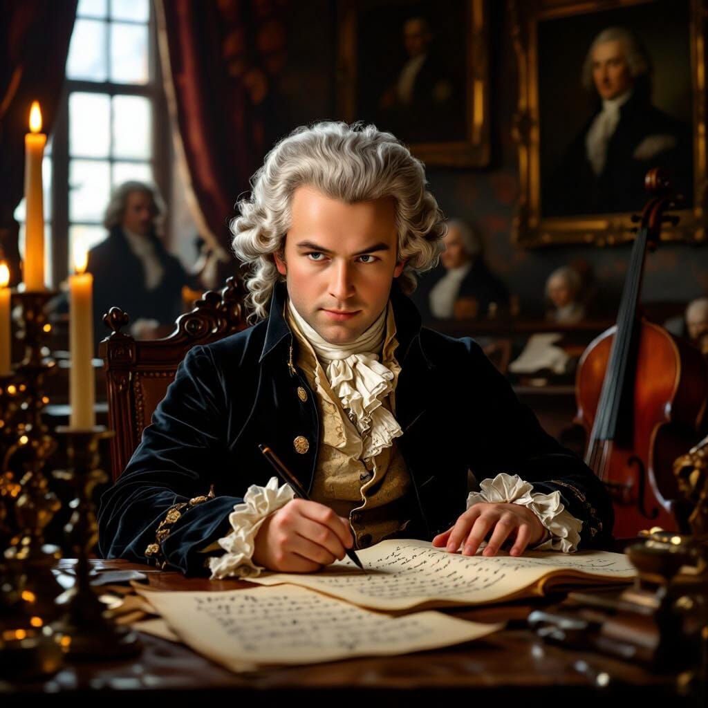Young Mozart Composing Music in Baroque Style