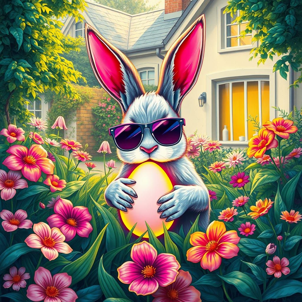 Cyberpunk Easter Bunny Hides Glowing Egg in Serene Garden