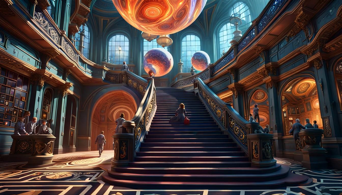 Scientists Fleeing Complex Lab in Art Deco Style