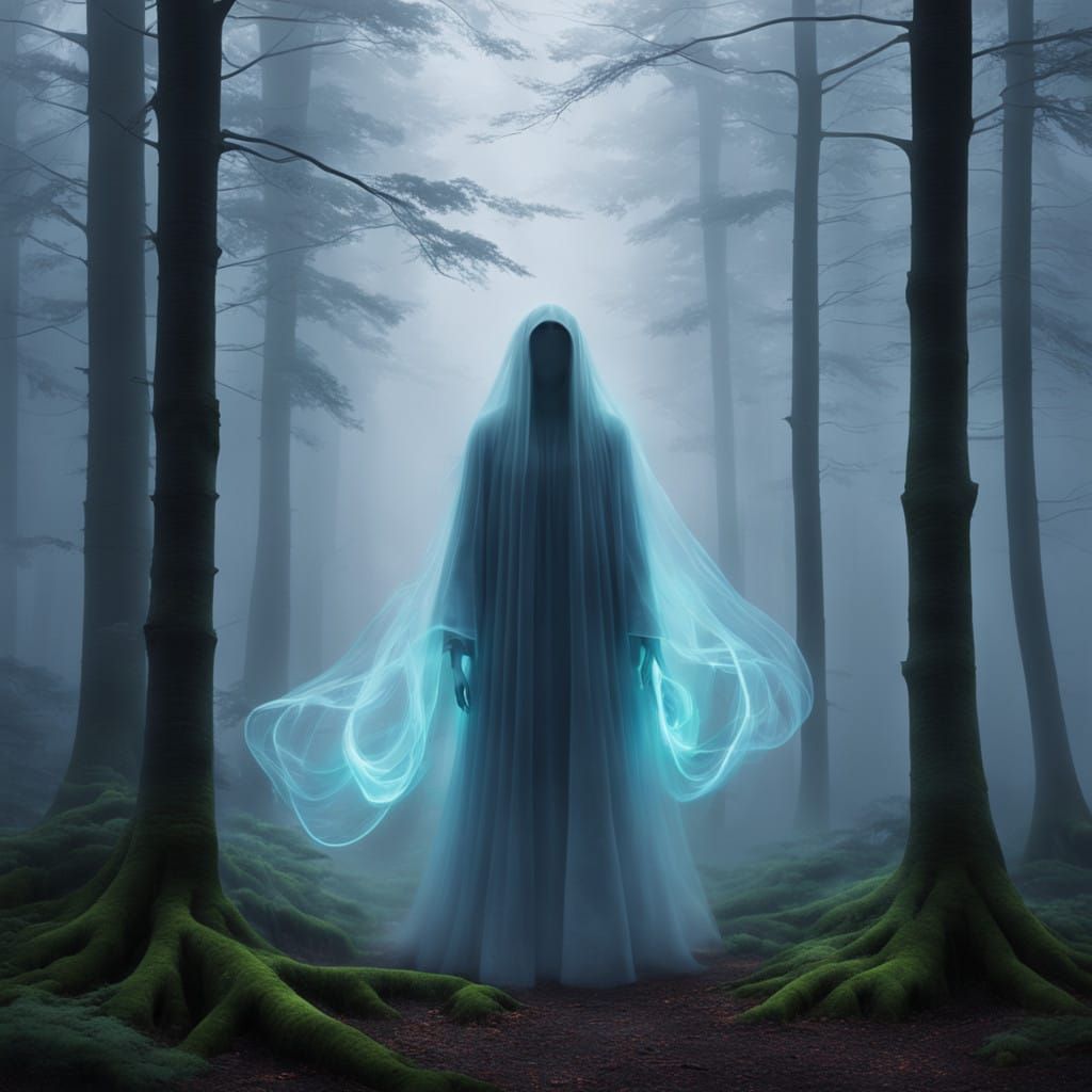 Ethereal Ghostly Figure in Misty Forest, Immersed in Sonic W...