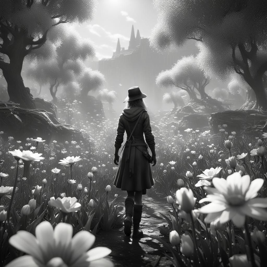 Monochrome Couple in Floral Scene with 3D Rendering