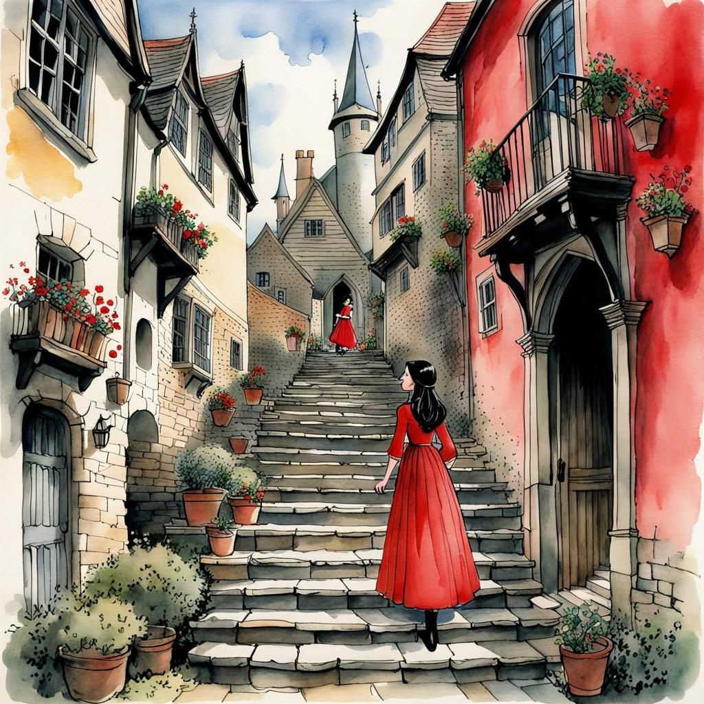 Medieval Maiden in Red Dress Storybook Illustration