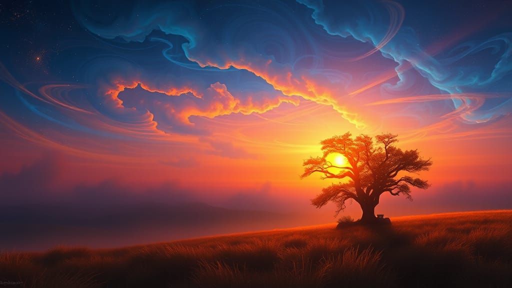 Ethereal Sunset Landscape with Swirling Nebulae