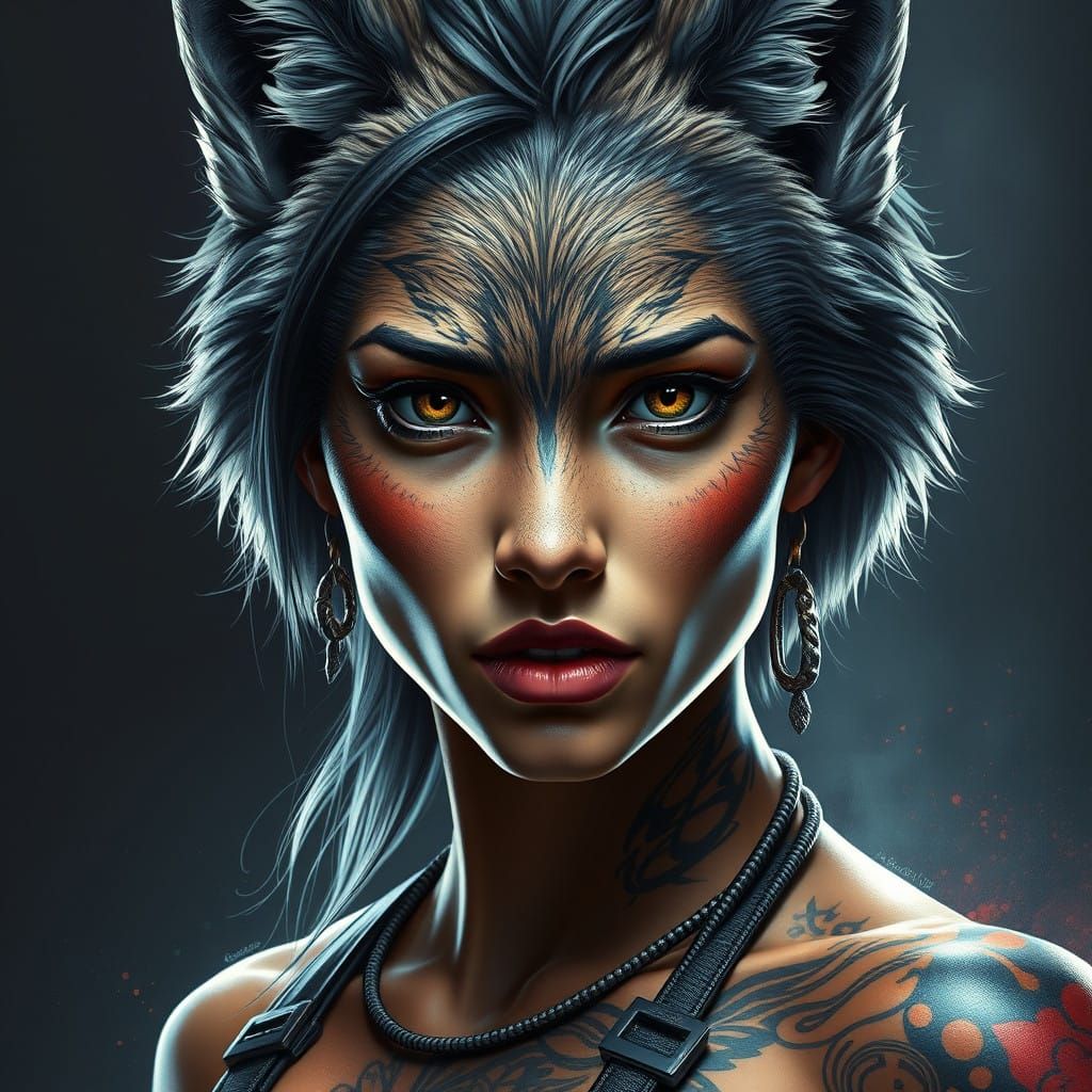 Wolf Woman: A Tattooed Shapeshifter in Triadic Hues