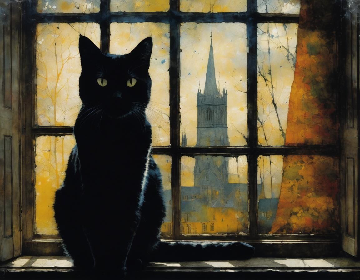 Cat Silhouette in Window: Encaustic Painting Style