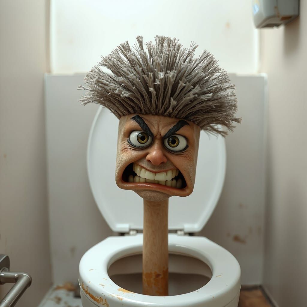 Humorous Pixar Style Toilet Brush Expressing Disgust
