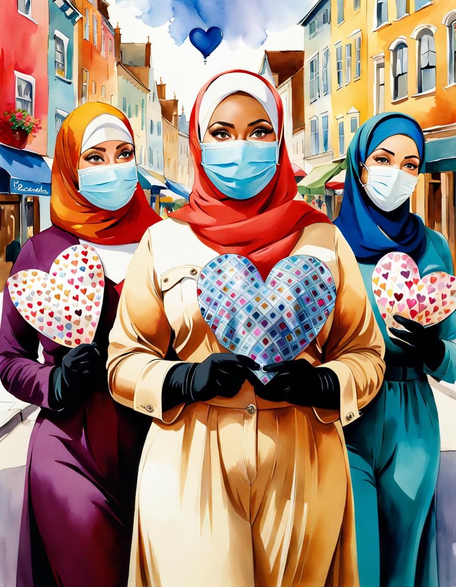 Watercolor Painting of Hijab Women Holding Heart