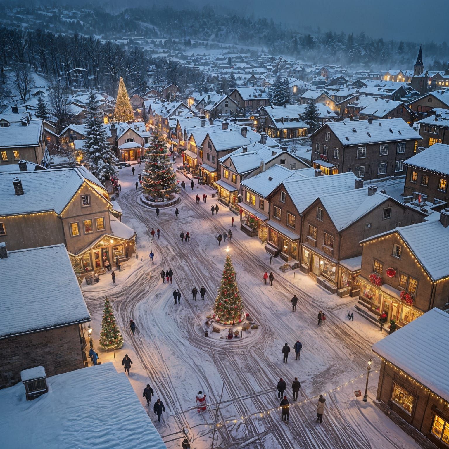 Magical Snowy Village Square at Dusk with Christmas Lights