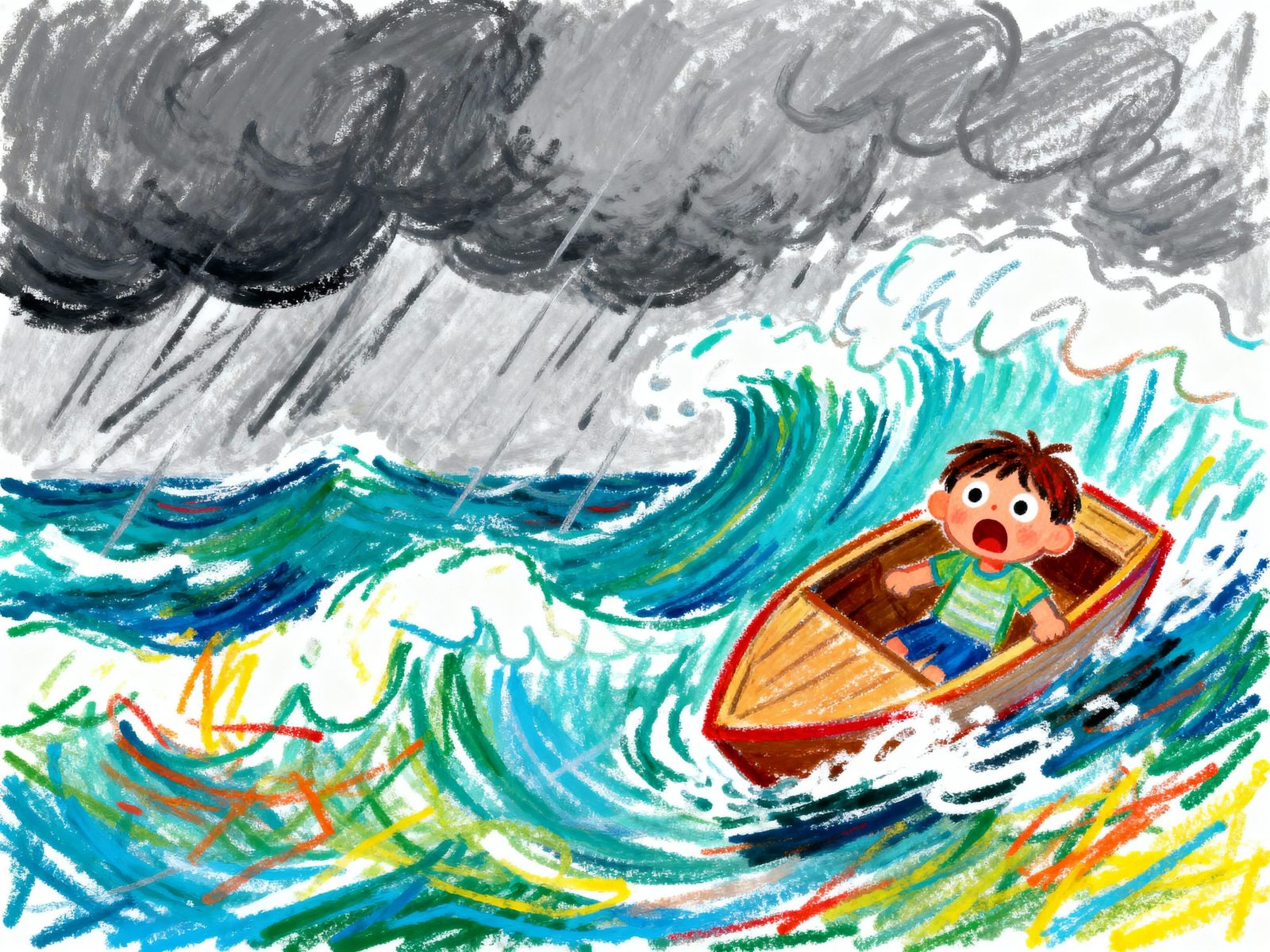 Terrified Child's Crayon Drawing of a Seascape