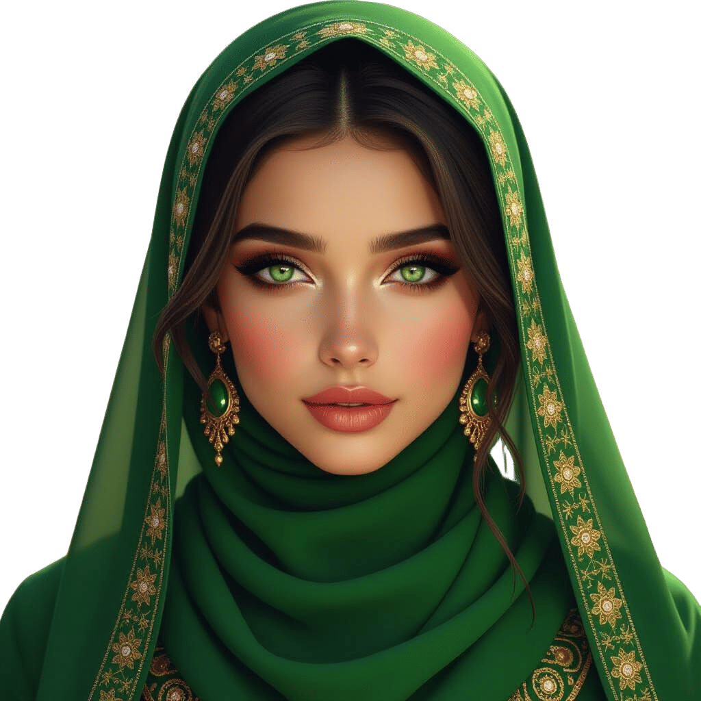 Young Woman in Green Hijab with Gold Details