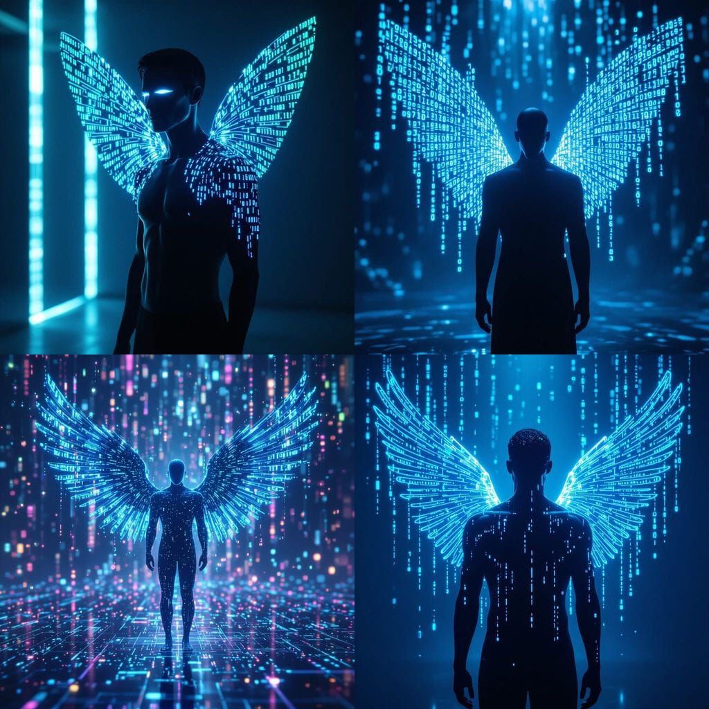 Blue Glowing Figure with Digital Number Wings