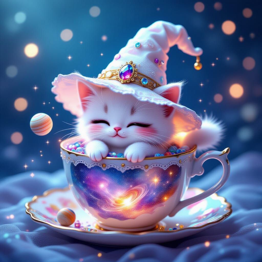 Chibi Cat Wizard in Stardust Teacup