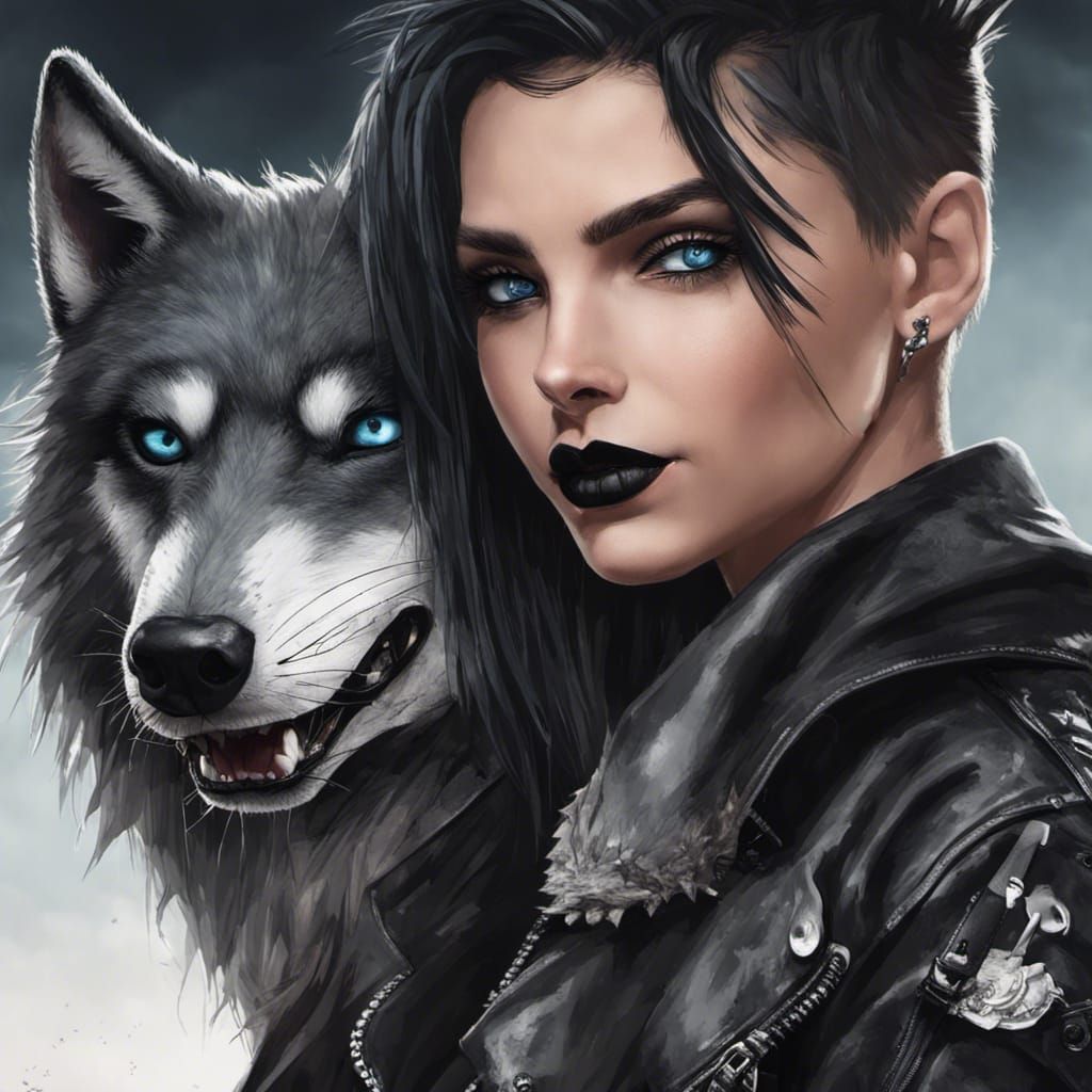 Punk Brunette Selfie with White Wolf, Detailed Digital Art