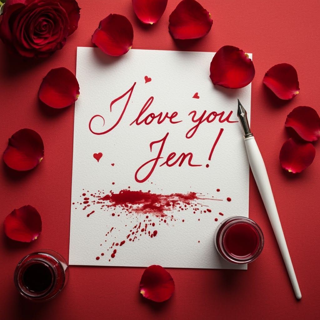 Romantic Calligraphy with Rose Petals and Red Ink