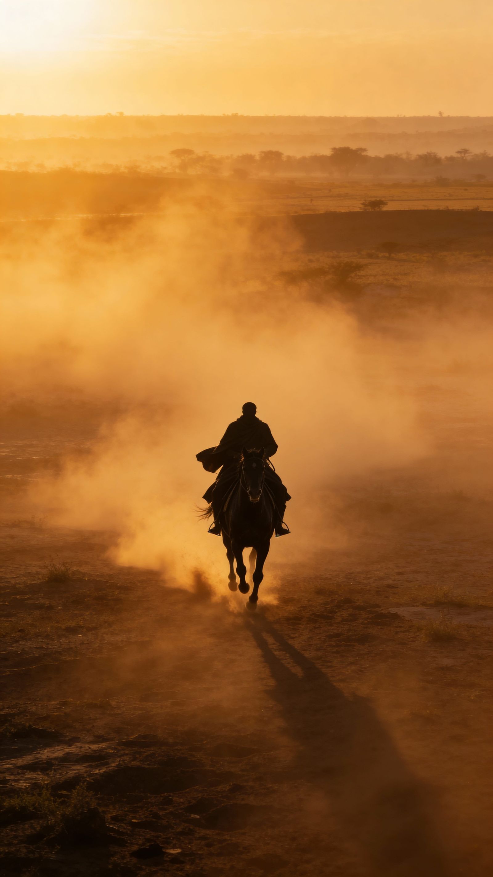 Lone Rider Gallops Through Hazy Indian Plains at Sunrise