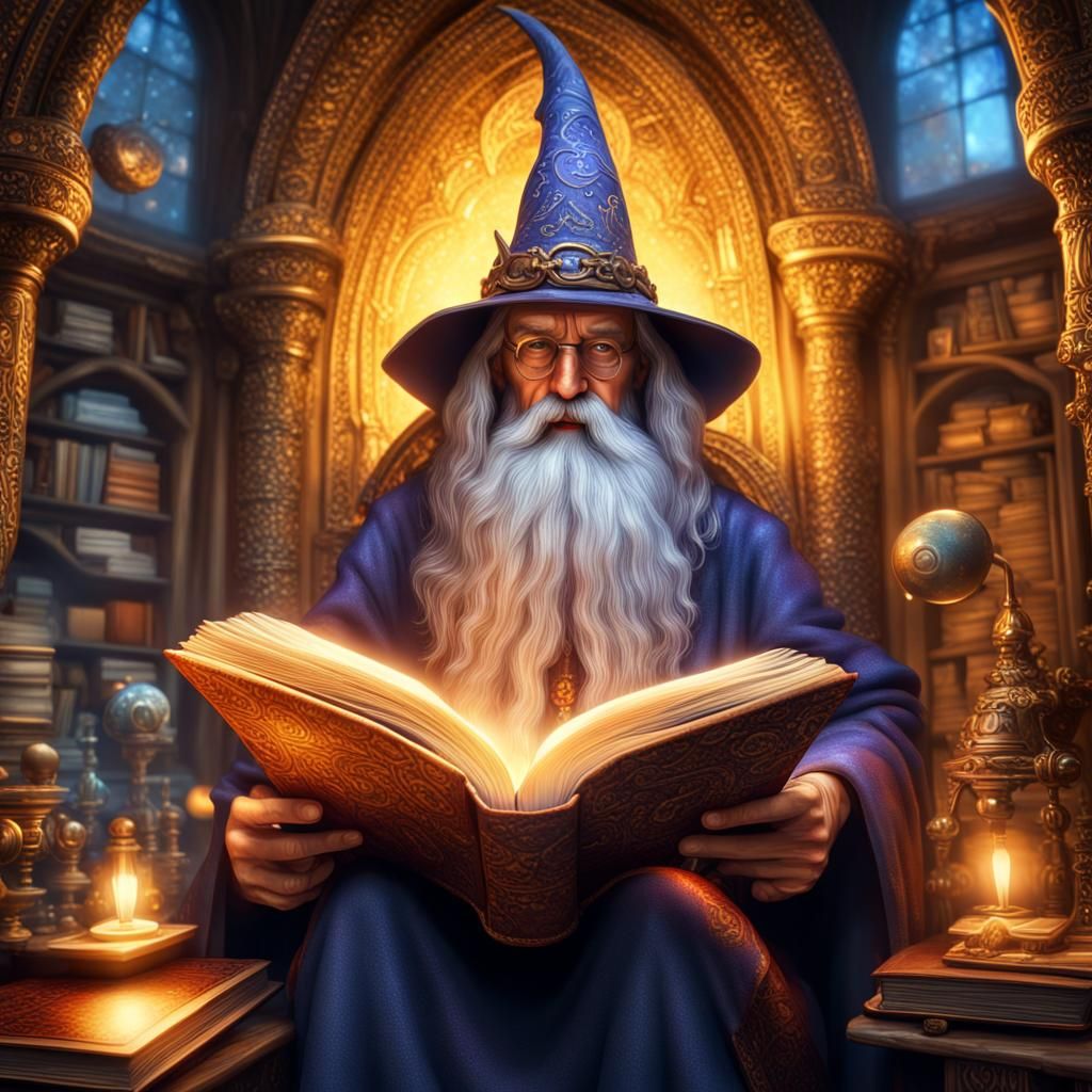 An old wizard reading an very ancient mystical book