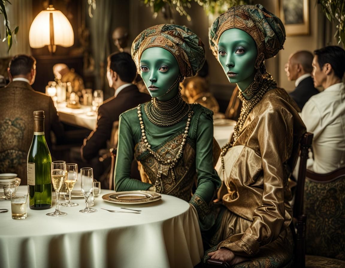 Surreal Restaurant Scene with Exotic Aliens, Hyperrealistic ...