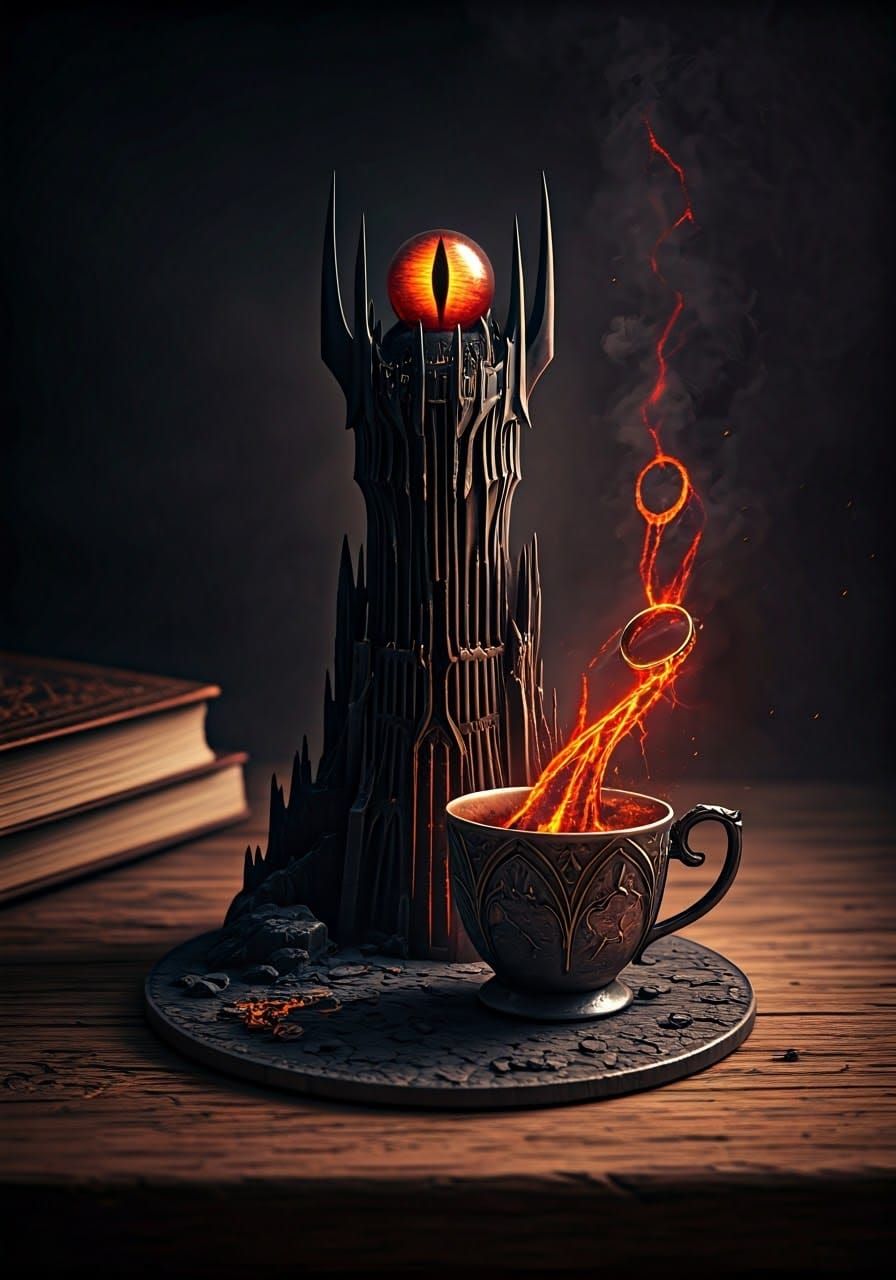 Miniature Barad-Dur Tower on Broken Teacup: Maximalist Art