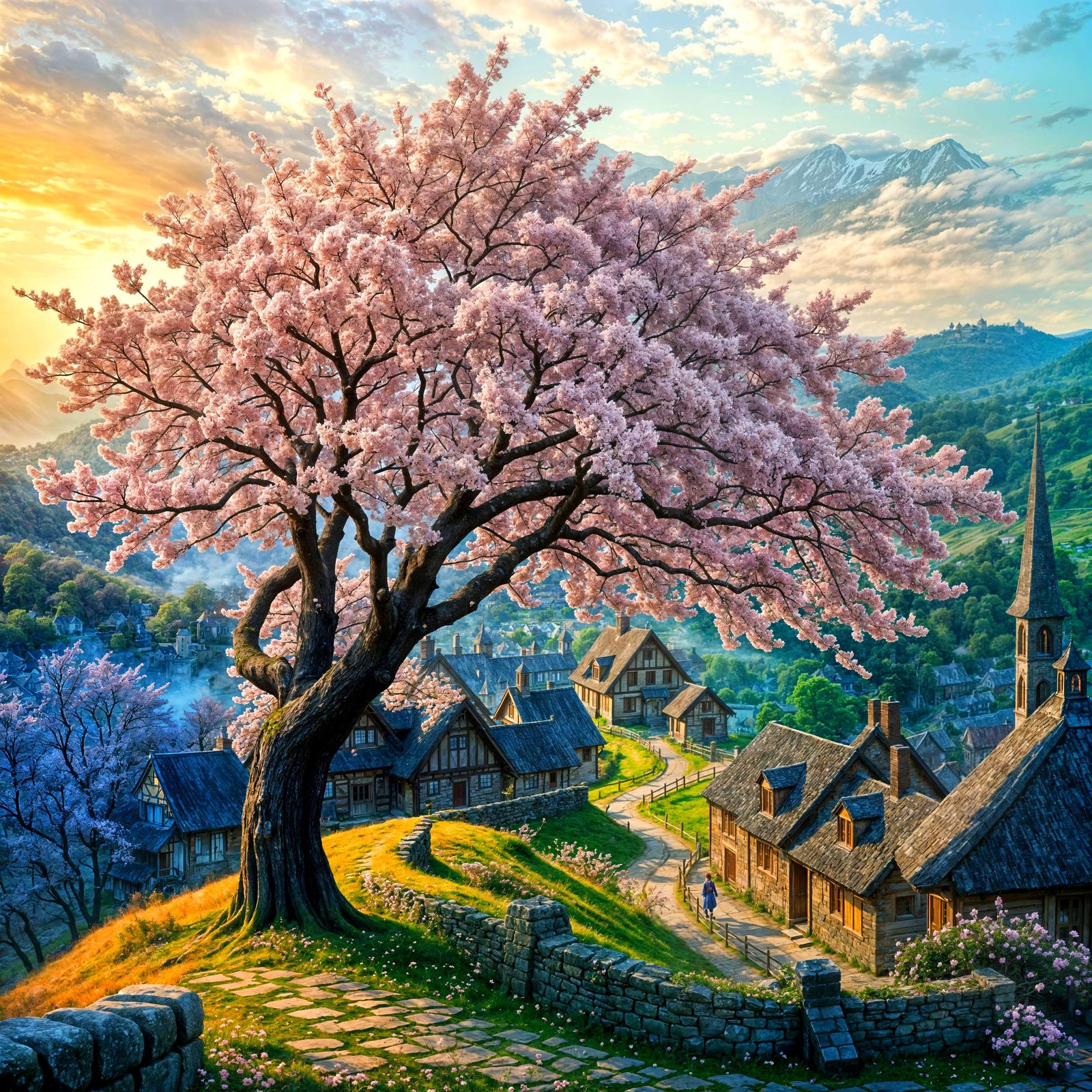 Ethereal Cherry Blossom Village in Dreamy Fantasy Setting