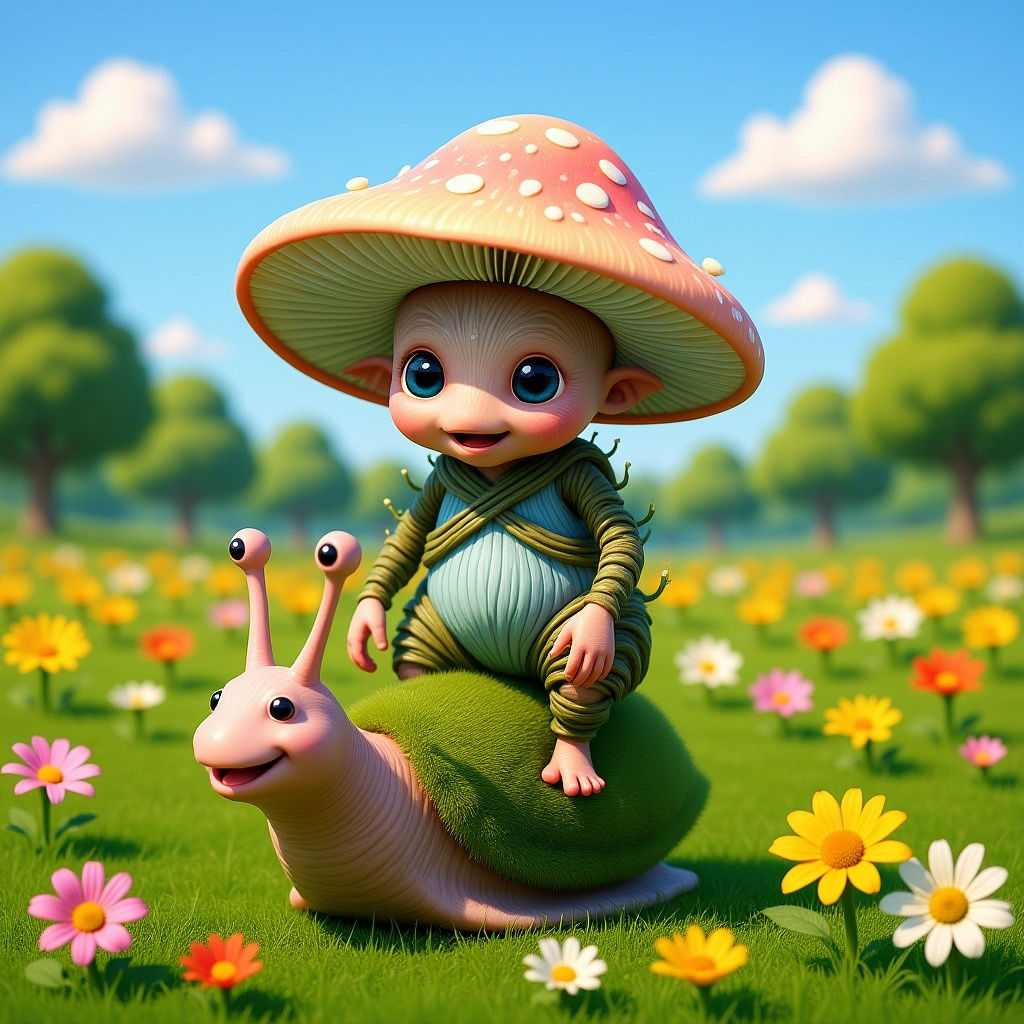 Mushroom Sprite Riding a Snail in Whimsical Illustration