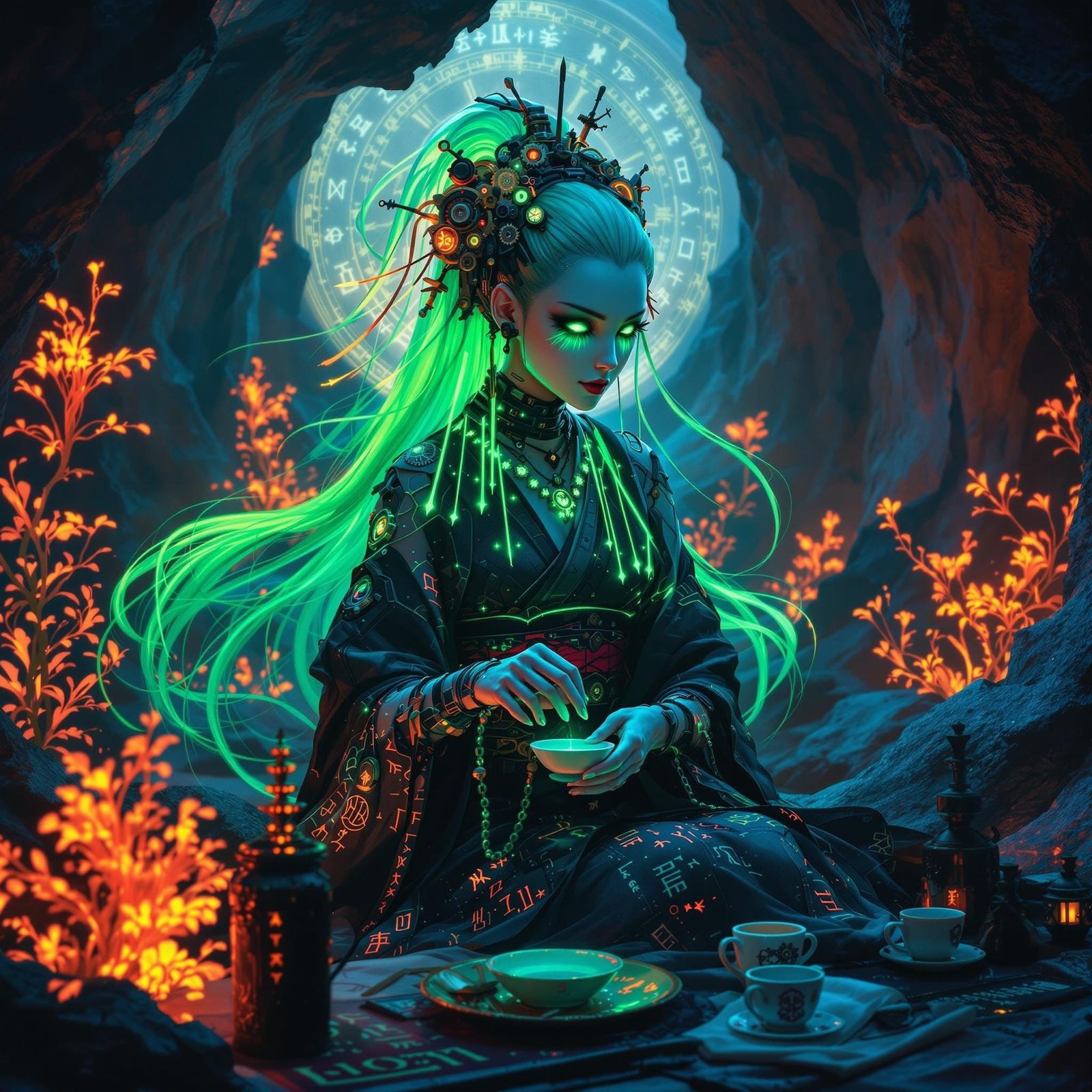 Gothic Cyborg Geisha in Bioluminescent Cave