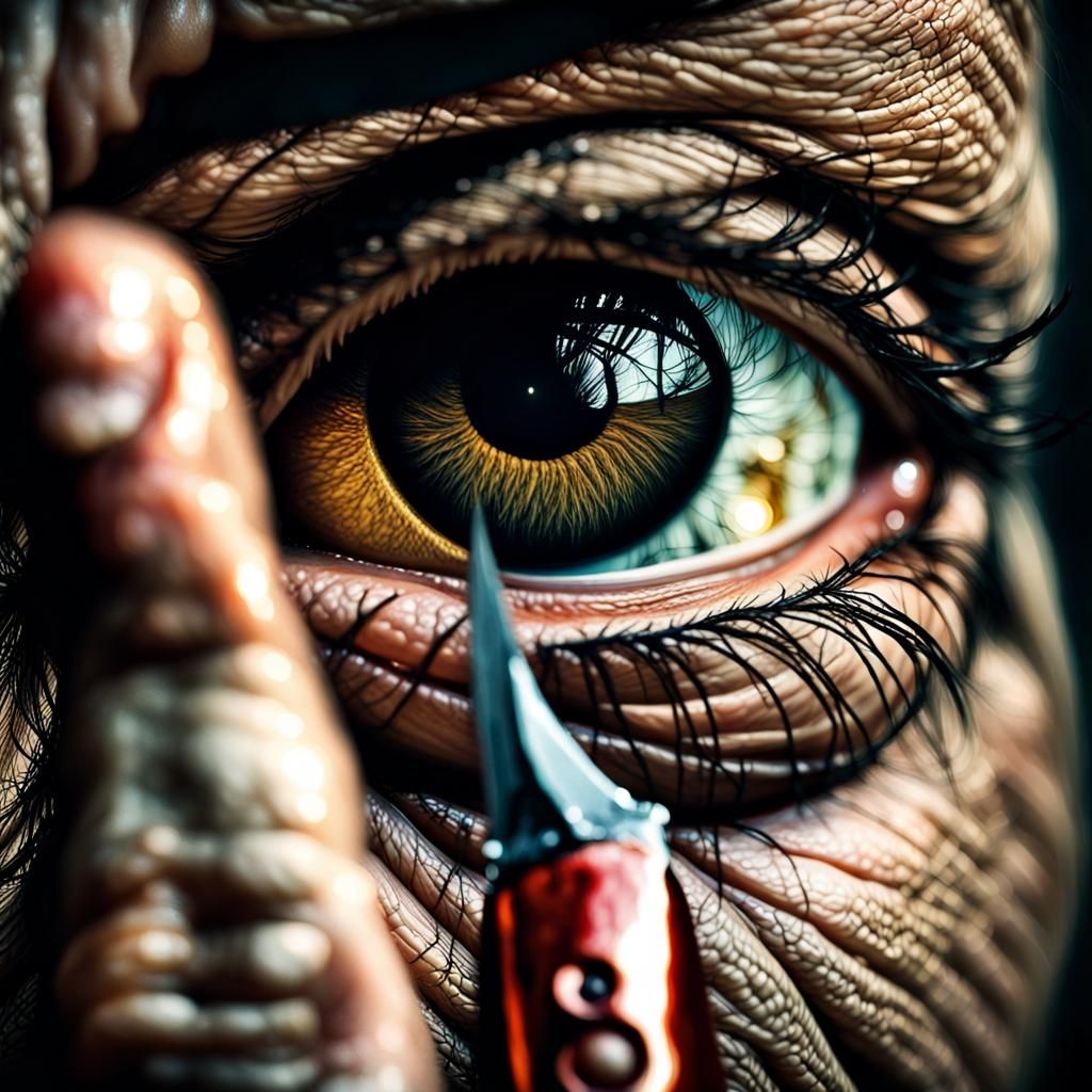 Sinister Eye Reflection: Man with Knife in Horror Style