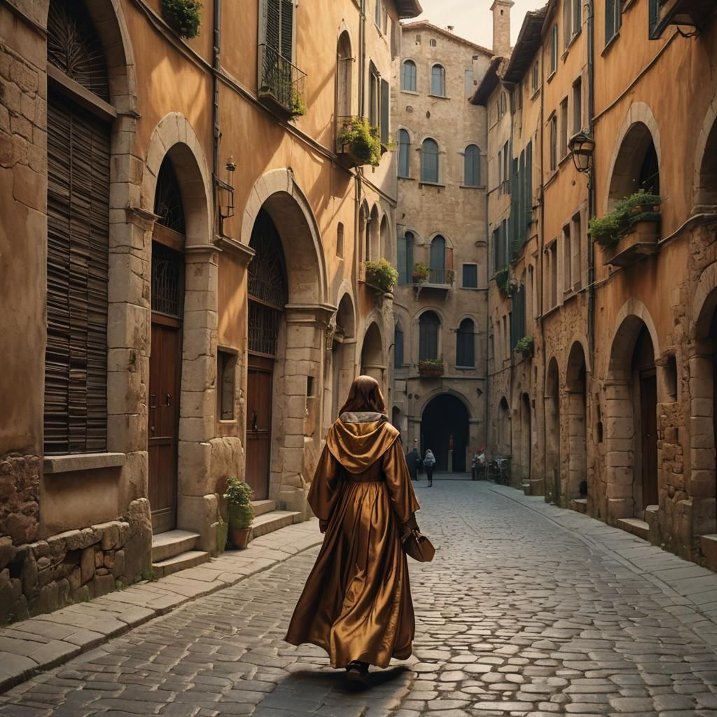 Renaissance Woman on Florentine Street in Oil Painting Style