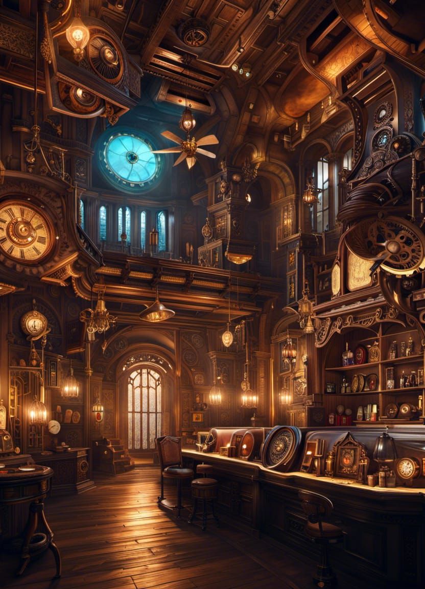 Steampunk Clockwork Gunshop with Glowing Intricate Details