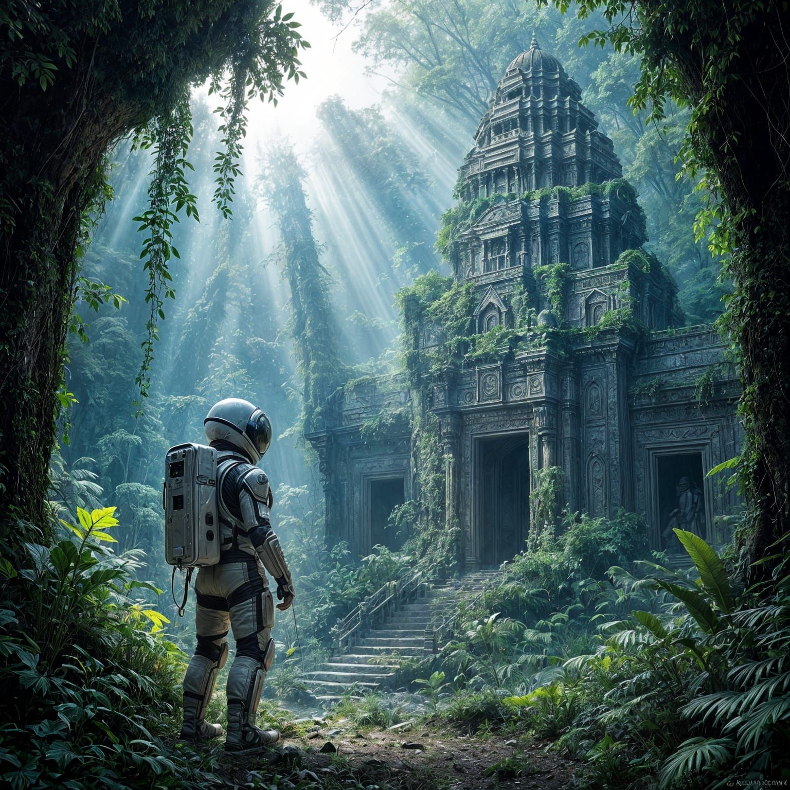Astronaut Discovering Ancient Temple on Alien Planet
