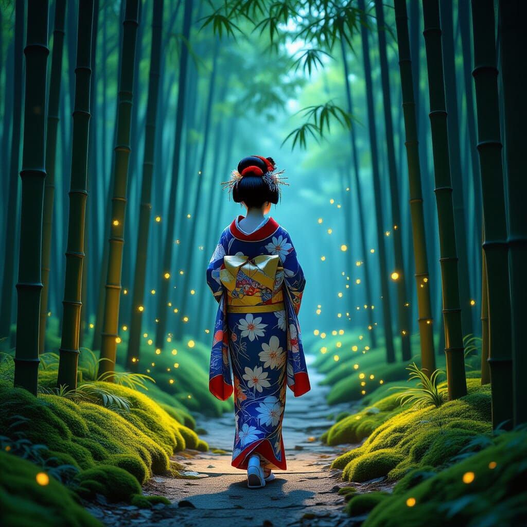 Geisha in Enchanted Bamboo Forest: Art Nouveau Style