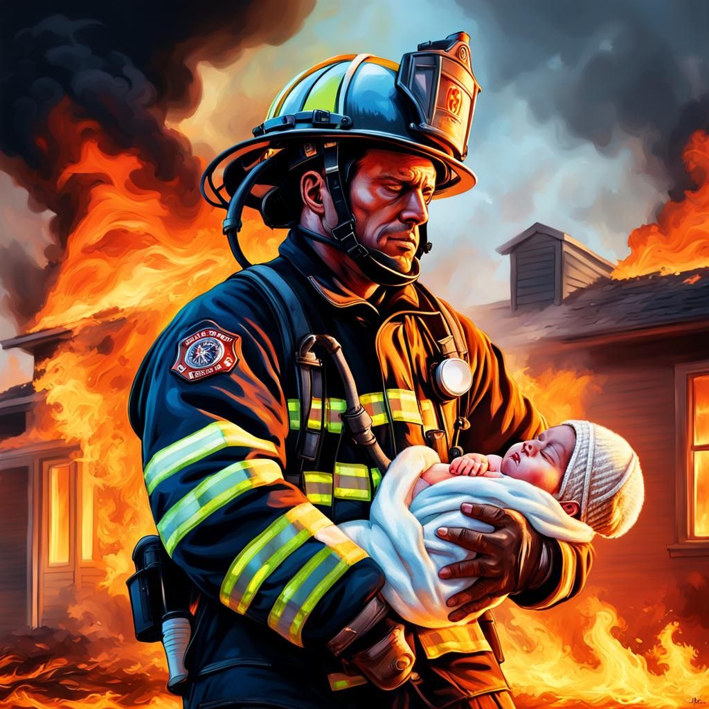 Firefighter Rescues Baby: Hyperrealistic Concept Art