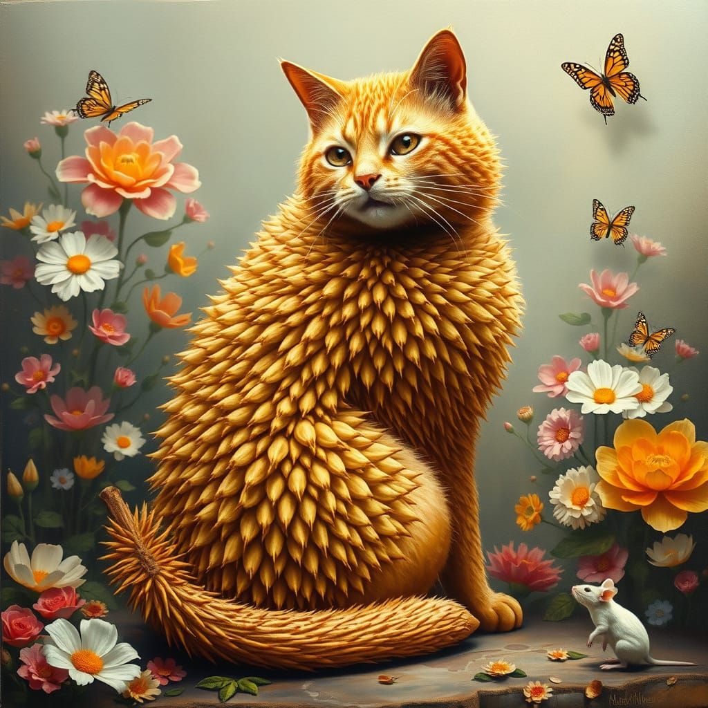 Surreal Durian Cat in Elegant, Whimsical Garden Scene