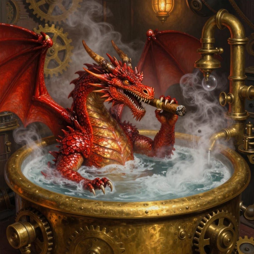 Red Dragon Enjoys Steampunk Hot Tub with Cigar
