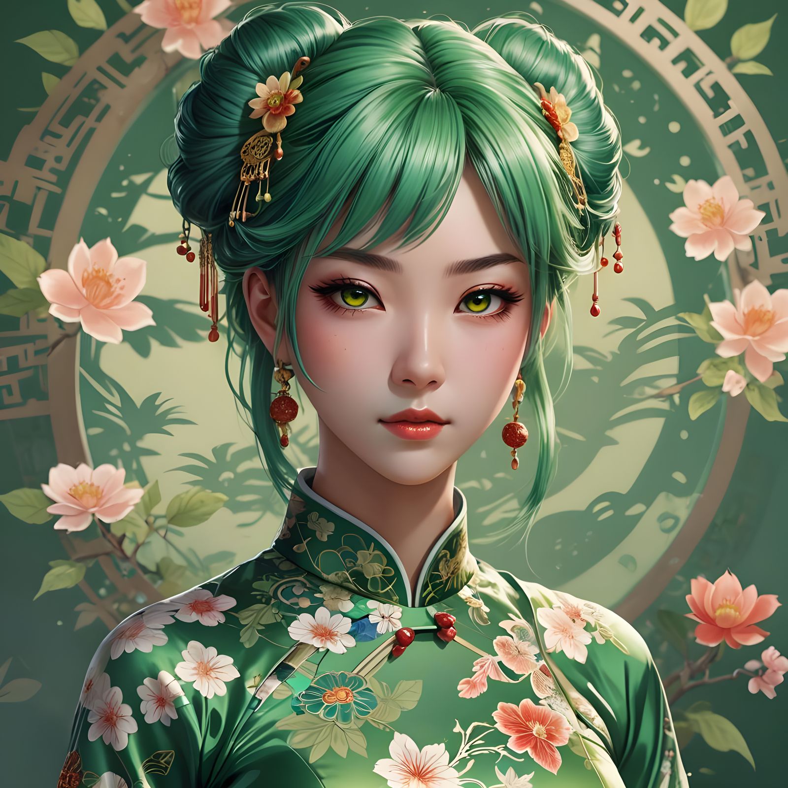 Anime Girl with Green Hair in Qipao: 3D Art