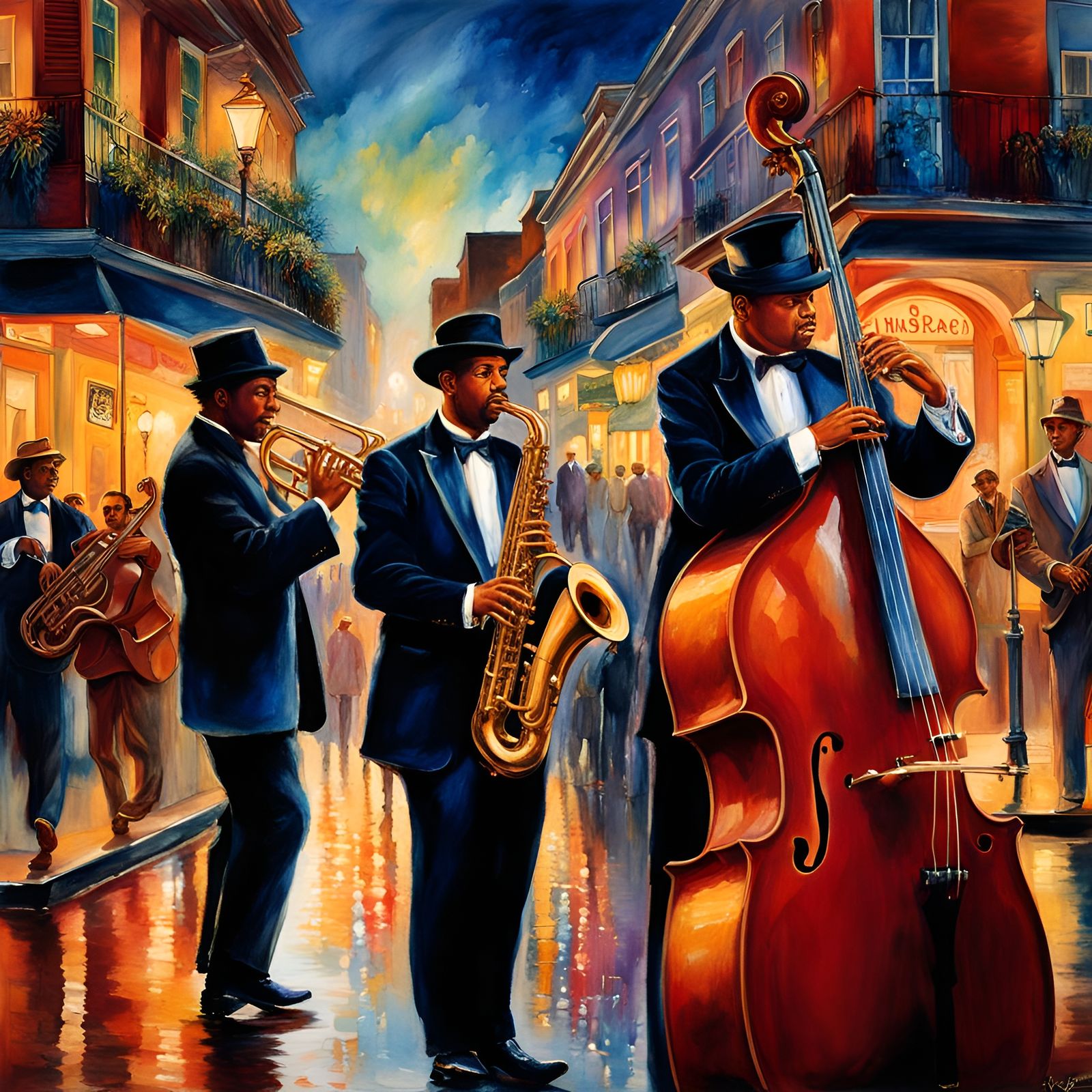 Bourbon Street Jazz Scene in Watercolor Style