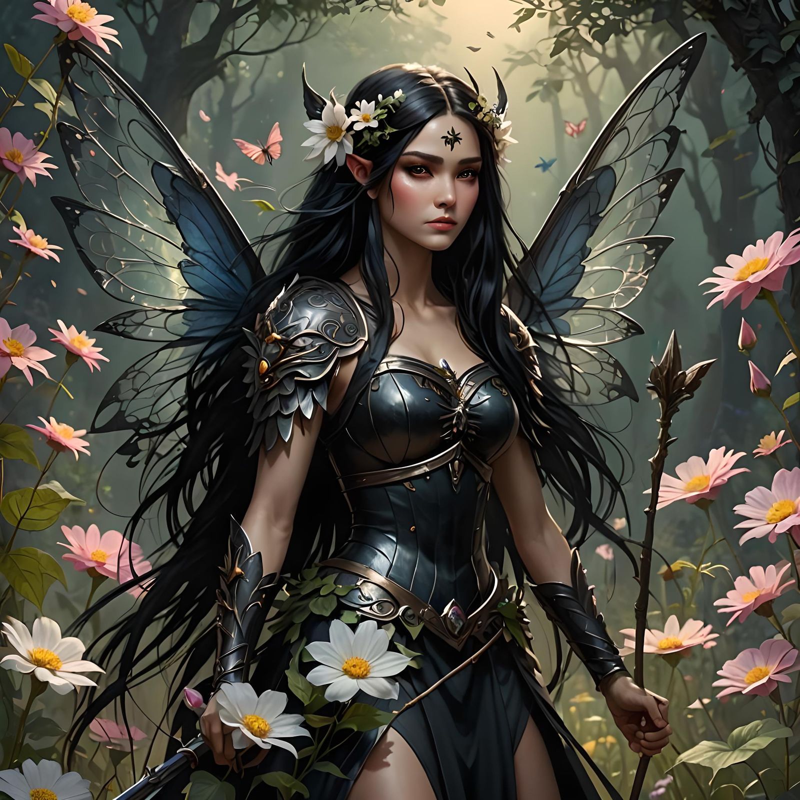 Dark Fairy Warrior with Spear and HD Wings