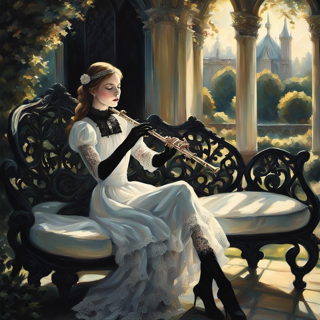 Gothic Girl Playing Flute in Opulent Garden