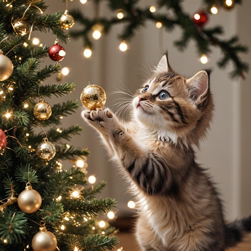 Cute Kitten Reaching for Christmas Bauble