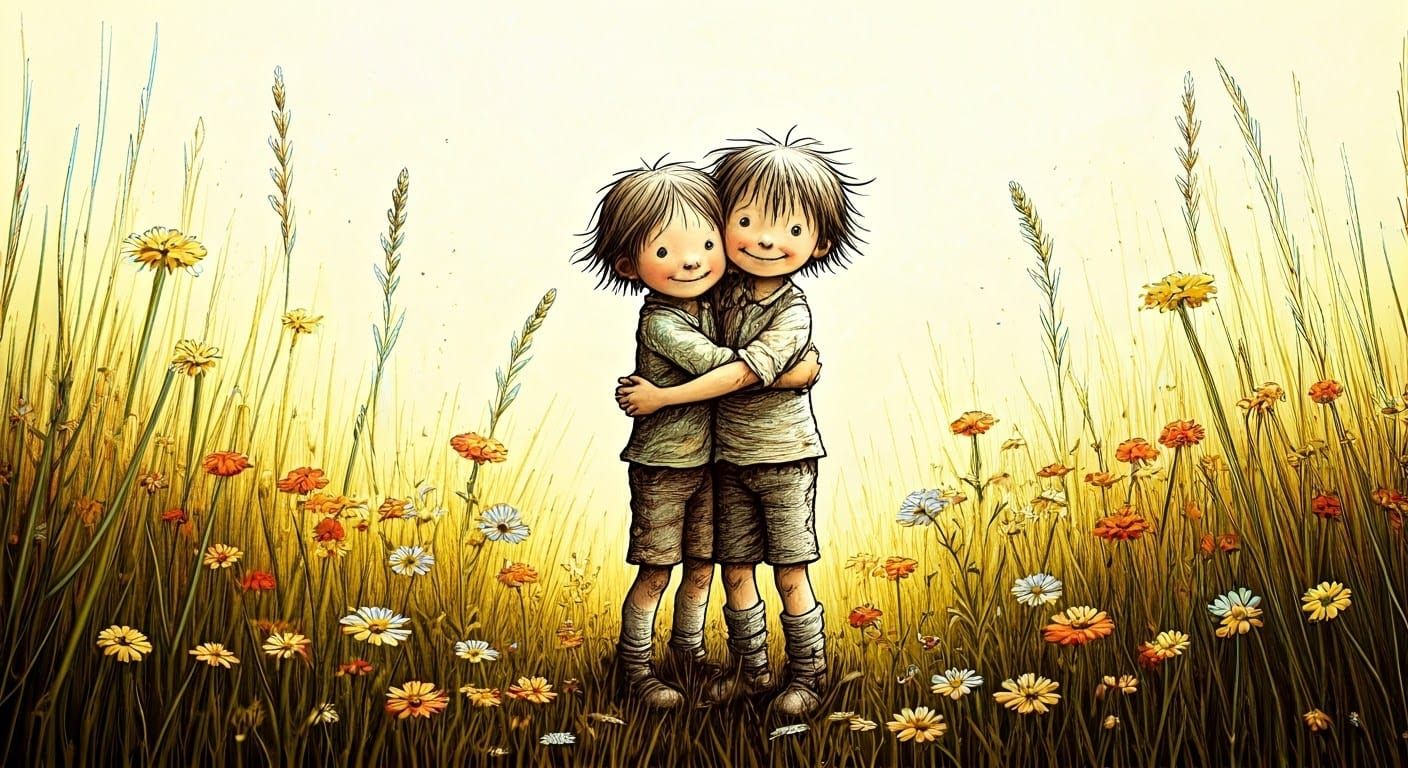 Children Playing in Dreamlike Meadow, Mixed-Media Illustrati...